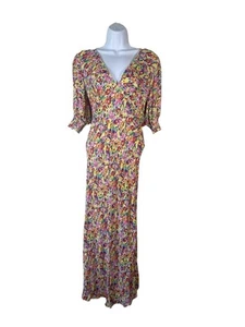 Rixo Floral Multi Color Bias Cut Midi V Neck Zipper Dress Size 6 Puff Sleeves - Picture 1 of 9