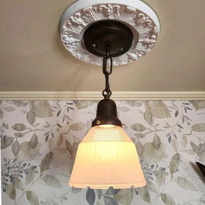 Antique 1930's Charming Milk Glass Pattern PENDANT Light- Flush Mount Chandelier - Picture 1 of 8