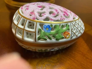 Herend Hungary Handpainted Reticulated Egg Box Pink Floral, Vintage, Large - Picture 1 of 9
