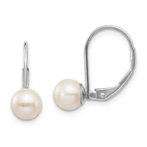 14k White Gold 6mm FW Cultured Pearl Leverback Earrings XLBW65PL - Picture 1 of 3