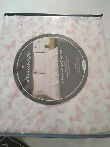 BUTTERFLIES PRINT FULL SIZE SHEET SET PINK WHITE BEDDING 4PC BUTTERFLY - Picture 1 of 7