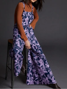 NWT Farm Rio Anthropologie M Wide Leg Overalls Jumpsuit Toucans Medium Blue - Picture 1 of 5