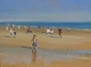 PINTURA AL ÓLEO ORIGINAL MALCOLM LUDVIGSEN ""The Boy in the Blue Shorts Filey Beach"" MALCOLM LUDVIGSEN ""The Boy in the Blue - Imagen 1 de 2
