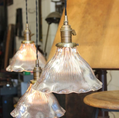 x1 Antique Holophane 9" Ruffled Glass Industrial Pendant Lamp Light Art Deco Vtg - Image 1 of 4