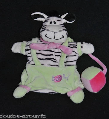 🍀Doudou Marionnette Zèbre BABY'NAT BABYNAT Blanc Noir Vert Ballon Balle Peluche - Photo 1/4