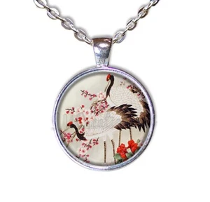 Pareja de Grulla Pájaro Fortuna Asiática - Collar Colgante de Vidrio Redondo Hecho a Mano - Imagen 1 de 10