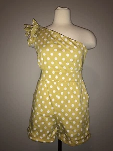 BCBG Max Azria Yellow Single Shoulder Romper w/White Polka Dots, Size XS - Picture 1 of 10