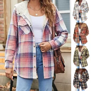 Womens Check Fleece Casual Jacket Shacket Tunic Oversized Baggy Top Shirt Coat - Picture 1 of 30