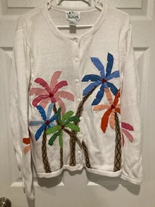 Vintage Quacker Factory Sweater Palm Tree Beads Buttons Size Small White - Picture 1 of 6