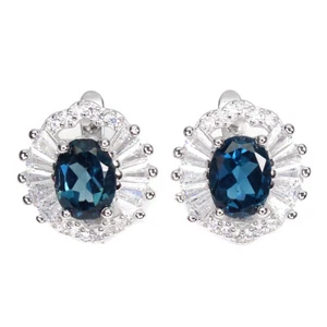 AAA+ DEEP LONDON BLUE TOPAZ EARRINGS WITH WHITE CZ ACCENTS .925 STERLING SILVER - Bild 1 von 3