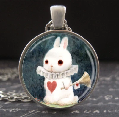 Alice in Wonderland Queen of Hearts White Rabbit Necklace Valentines Day Jewelry - Image 1 of 3