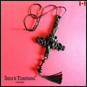 Cross Wood Pendant Gothic Bat Vampire Transilvania Necklace Talisman Occult Dark - Picture 1 of 24