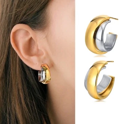 Two Tones C Shaped Hoop Earrings - 18K Gold And Silver Plated. - Image 1 of 4