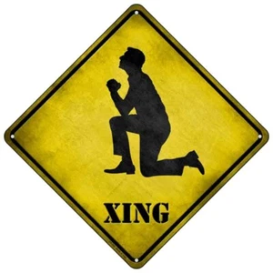 Man Praying On Knees Xing  Mini Metal Road Notice 8" Cross Xing Crossing Sign - Picture 1 of 1