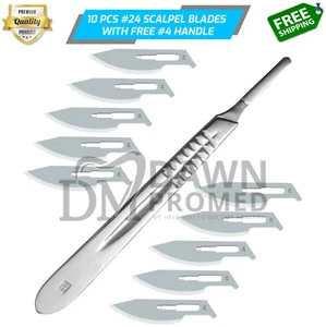 10 Sterile Surgical Blades #24 W/FREE BP Scalpel Handle #4 Medical German Grade - Picture 1 of 6