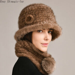 1 Set Women Real Mink Fur Hat & Scarf Knitted Beanies Bowler Warm Ski Top Cap