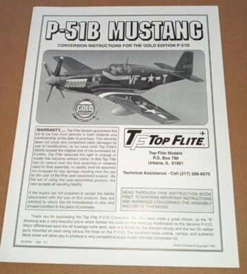 Hobbico Top Flite P-51B/51D Mustang 60 Scale Manual Instruction Book P516P03 New - Image 1 of 4