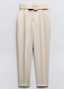 ZARA NEW WOMAN HIGH-WAIST TROUSERS WITH LINED BELT PANT ECRU S 4387/040 NW NT - Picture 1 of 3