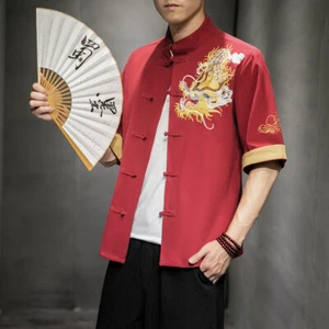 Camicia uomo stile tradizionale cinese nuova con ricamo drago in Cina rossa - Foto 1 di 5