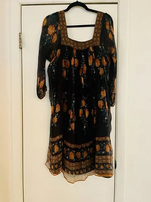 VTG Silk Block Print Fairycore Victorian 20s Art Deco Tunic Goddess Dress S - Image 1 of 4
