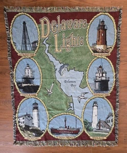Woven Throw Blanket Delaware Lights Bay Lighthouses Made In USA 100% Cotton - Picture 1 of 12