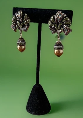 Heidi Daus Multicolor Crystal Clip Earrings Bow Dangle Drop Faux Pearl 1.5” - Image 1 of 4