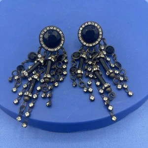 Vintage Sorrelli schwarz Glas weiß Kristall Clip auf Ohrringe Chandelier Statement - Bild 1 von 13