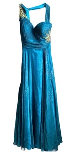 Cache Silk Embellished Beaded Gown Dress Long Teal Gold Prom 8 Leopard Print - Picture 1 of 8