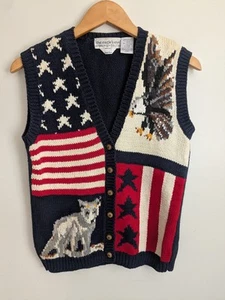 Vtg Eagle's Eye Handknit Sweater Vest Patriotic RWB USA Flag Eagle Wolf S Y2K - Picture 1 of 11