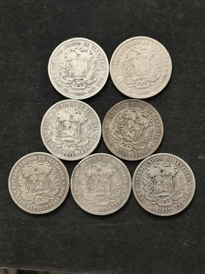 Lote 7 Venezuela Gramo 25 5 Bolívares 2x 1886,2x 1921, 2x 1929, 1x 1936 Foto 1 de 4