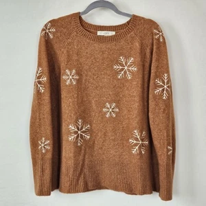 LOFT Snowflake Sweater Size Medium Rusty Orange Cognac Color Acrylic Wool Blend - Picture 1 of 13