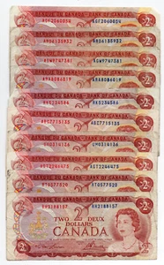 Bank of Canada 1974 $2 Two Dollars Ten Vintage Notes $20 Face - Picture 1 of 2
