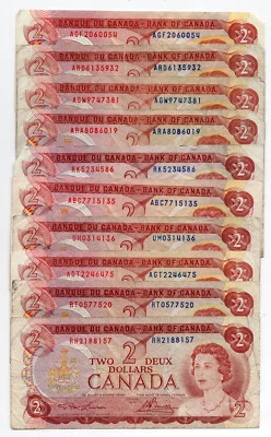 Bank of Canada 1974 $2 Two Dollars Ten Vintage Notes $20 Face - Image 1 of 2