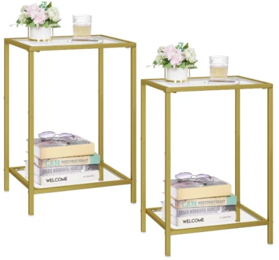Side Tables Set of 2, End Tables with Tempered Glass, 2-Tier Nightstands, Golden - Image 1 of 4