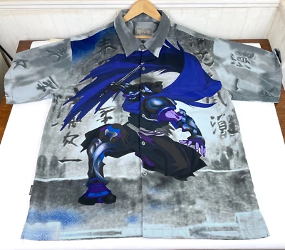 Clench Button Up Shirt Gray Blue Ninja All Over Print Men’s Sz. XL Vintage - Image 1 of 4