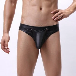 Sexy Men's Black PVC Faux Leather Fetish Underwear Shorts Briefs Thong Sleepwear - Picture 1 of 5