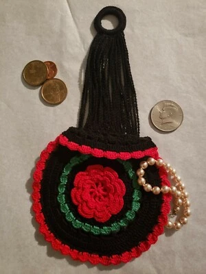 Vintage-Insp. Crocheted Miser Purse, Day of The Dead Red Rose 9.75"L x 5.00"W - Image 1 of 4