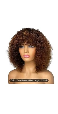 Peluca rizada de 12 pulgadas con flequillo, ombre natural a marrón miel, 150 % densidad/remy =  Foto 1 de 3