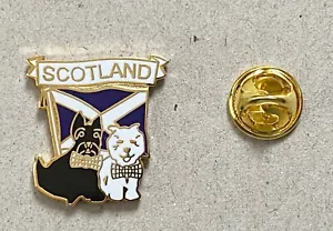 SCOTLAND with two Dogs Metal Pin Badge T1071 Scottie dog Scottish - Picture 1 of 1