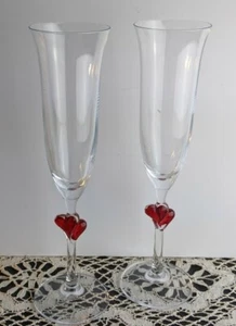Stolzle Lausitz Champagne Glasses Set of 2 Hearts Love Valentine Blue Tint JAN22 - Picture 1 of 10
