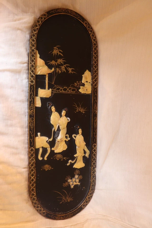 Винтажная азиатская китайская восточная черная лакированная и перламутровая настенная художественная панель - Изображение 1 из 4