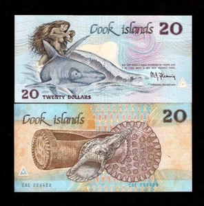 COOK ISLANDS 20 DOLLARS P-5 b 1987 SHARK TURTLE UNC DRUM PACIFIC MONEY RARE NOTE - Picture 1 of 3