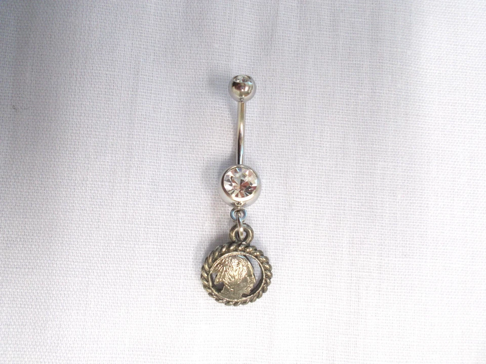 NEW EJC TRIBAL BRAVE HEAD PROFILE ROUND on 14g CLEAR CZ NAVEL BELLY RING BARBELL Foto 1 de 1