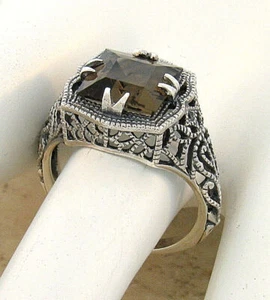 GENUINE SMOKY QUARTZ 925 STERLING SILVER VICTORIAN STYLE FILIGREE RING      901Z - Picture 1 of 3