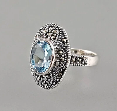 9923397 D'Argento Topazio Blu Marcasite Anello 925er Argento Ovale Tgl 56 - Immagine 1 di 4