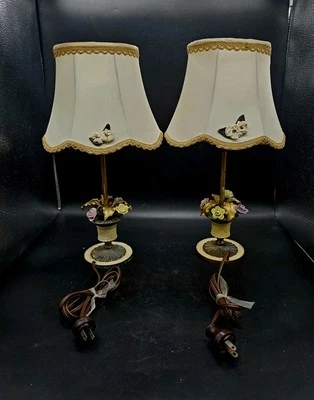 2 Antq French Boudoir Stick Lamp Applied Flowers w/ Original Shades BOTH WORK - Image 1 of 4