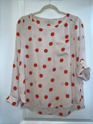 Ann Taylor LOFT Polka Dot Blouse, Foldable Sleeves Nude & Orange, Sz MP  Great - Image 1 of 4