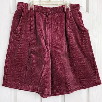 Corduroy Shorts 80s RETRO Maroon High Waist Pleated Wide Leg Size 16 MOM Vintage - Image 1 of 4