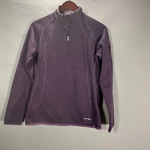 Eddie Bauer Top Womens Medium Purple Knit 1/4 Zip Pullover Sleeve Pocket Logo - Picture 1 of 9