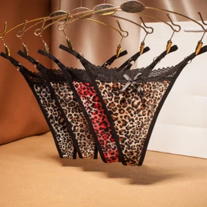 Damen Leopard Spitze Höschen Slip Schleife Tangas Unterwäsche Schlüpfer Dessous - Bild 1 von 11